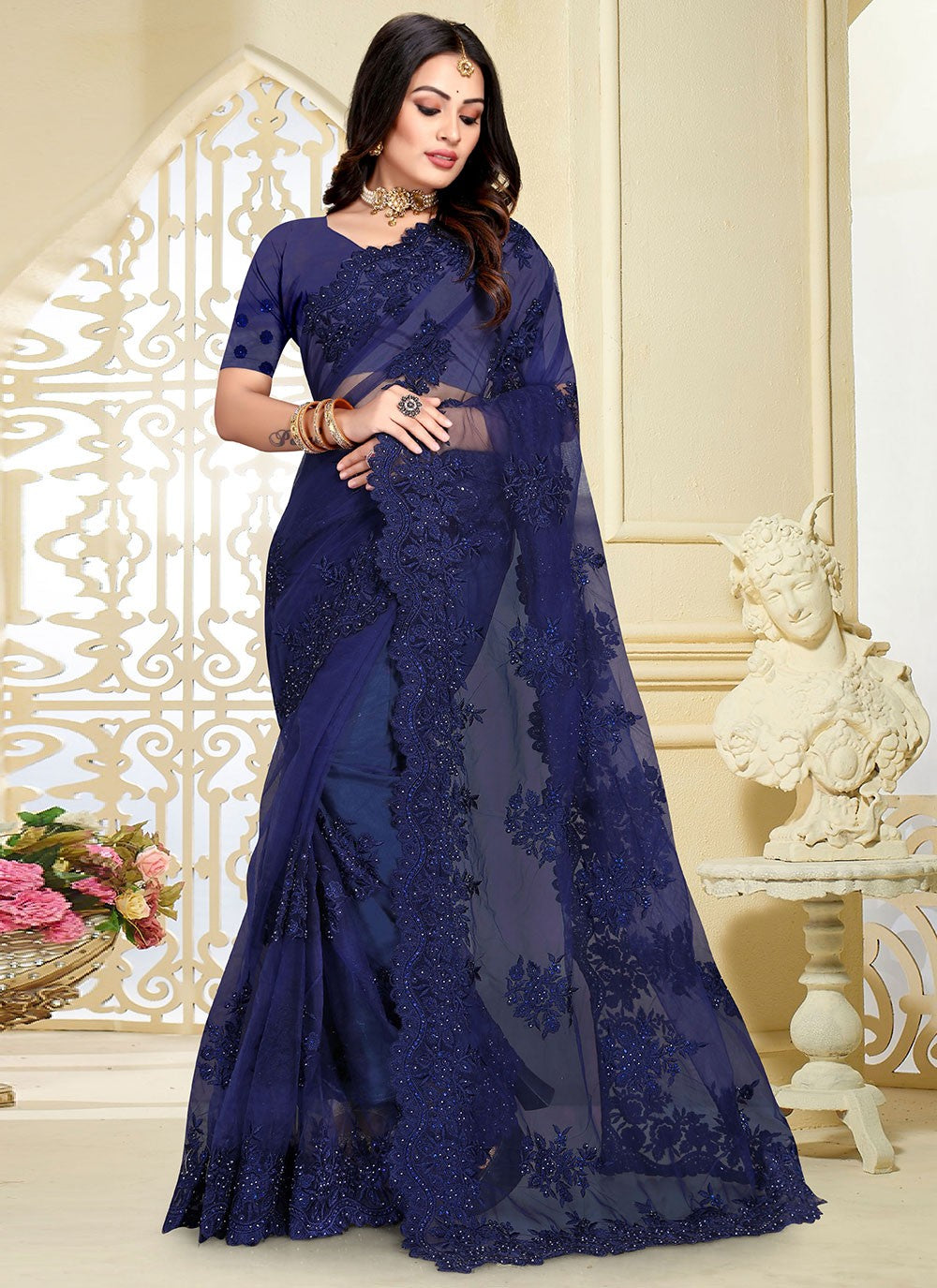 Classic Embroidered Net Saree - S2683