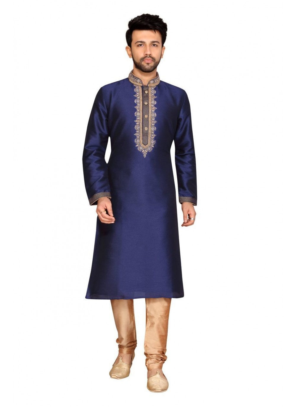 Embroidered Art Dupion Silk Navy Blue Kurta Pyjama - M1275