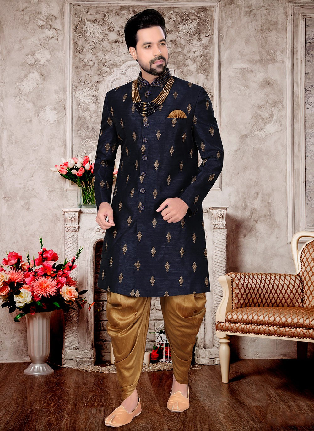 Embroidered Fancy Fabric Navy Blue Indo Western Sherwani - M2989