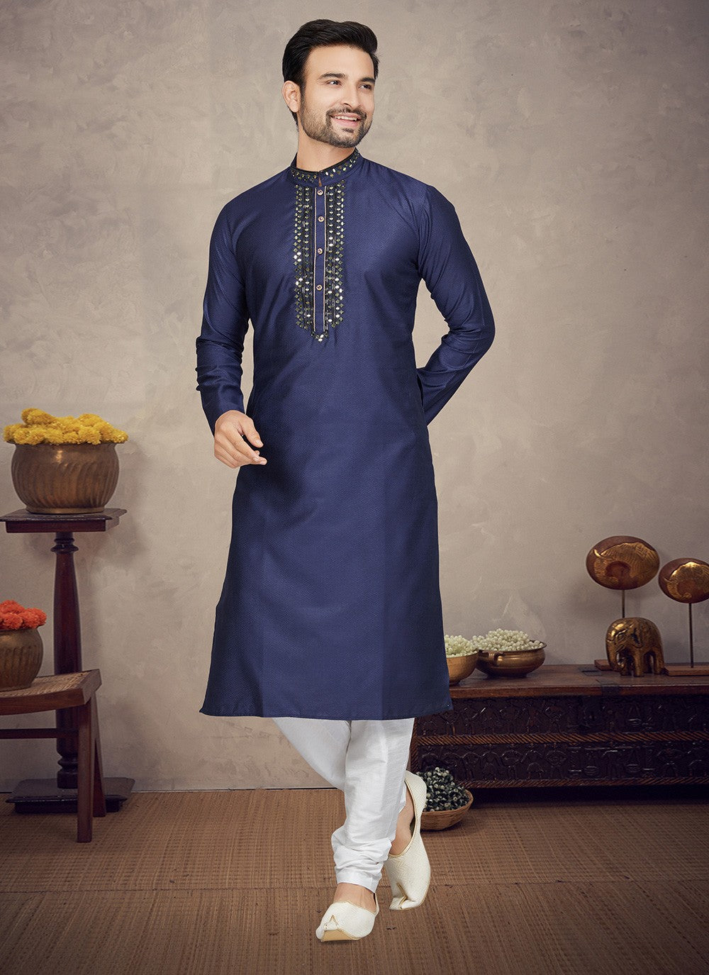 Embroidered Jacquard Navy Blue Kurta Pyjama - M5861