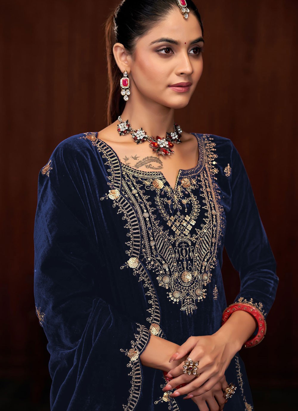 Embroidered Velvet Palazzo Suit - T4532