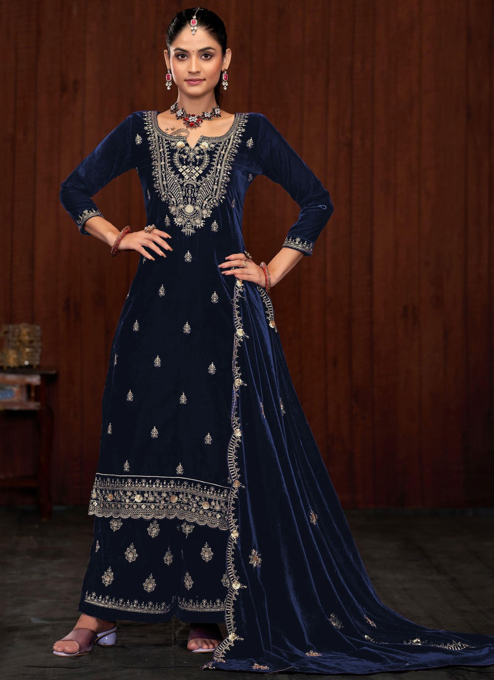 Embroidered Velvet Palazzo Suit - T4532