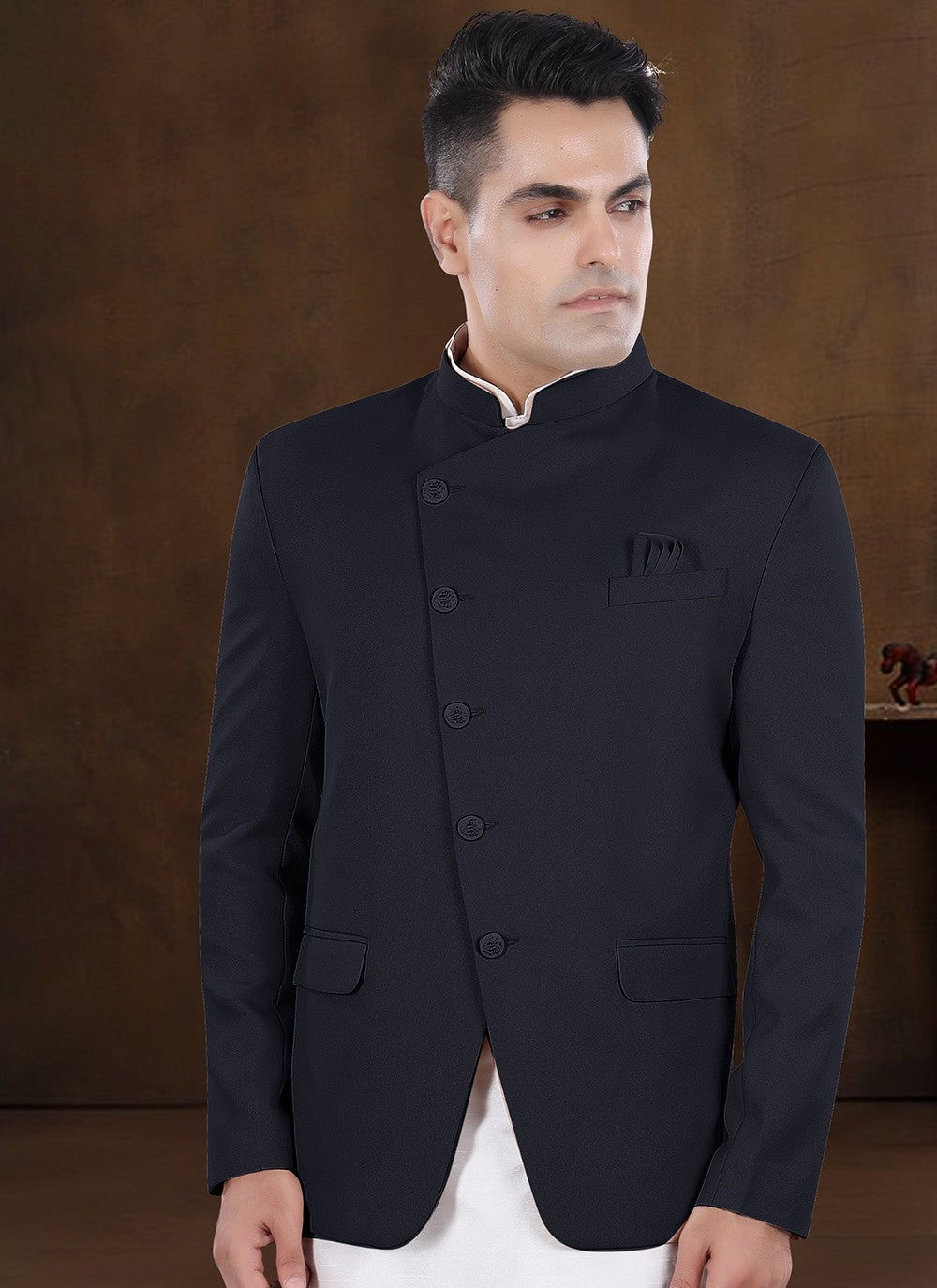 Plain Silk, Viscose Navy Blue Kurta Payjama With Jacket - M8186