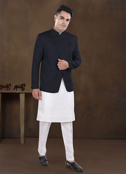 Plain Silk, Viscose Navy Blue Kurta Payjama With Jacket - M8186