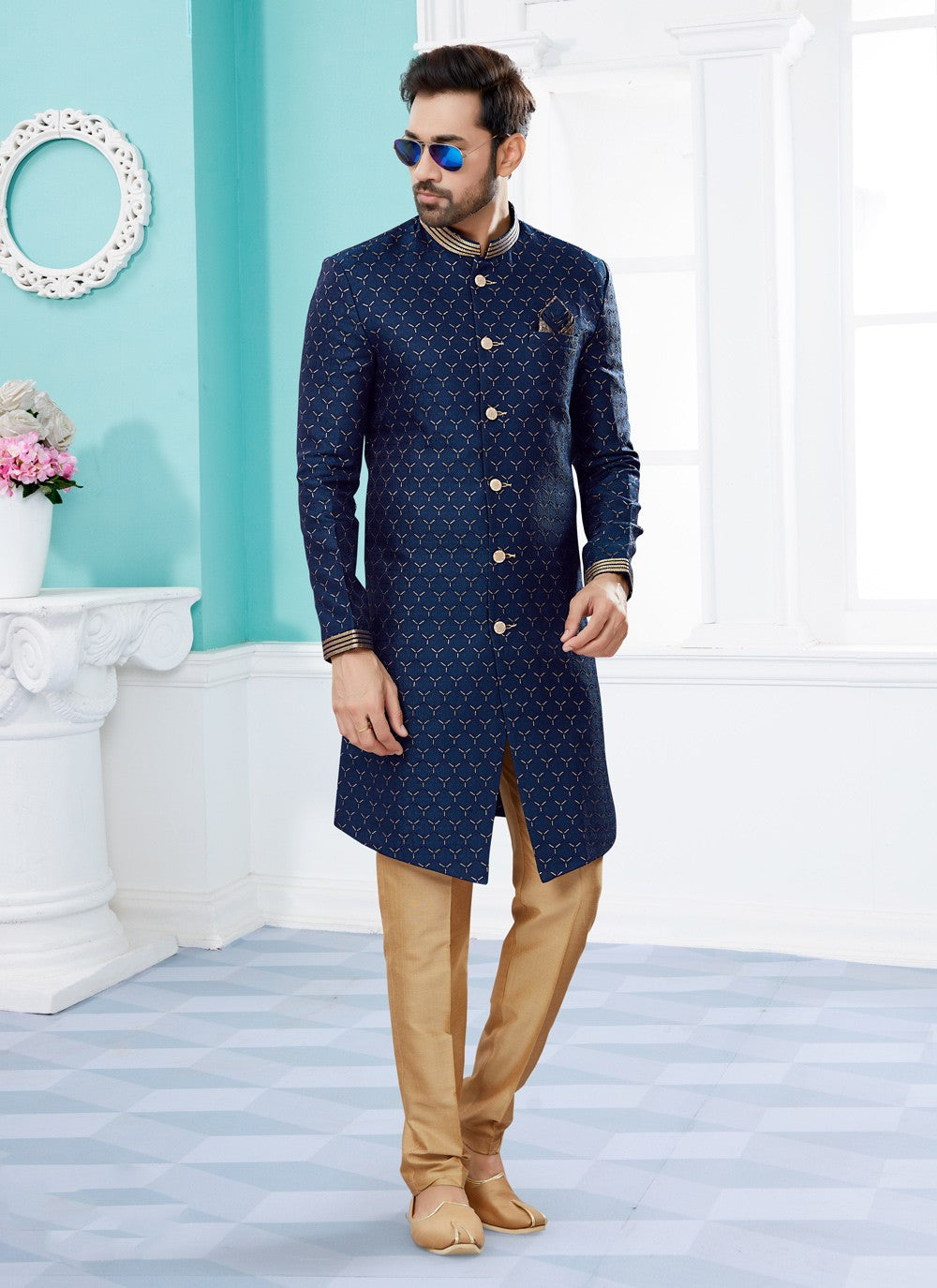 Digital Print Jacquard Navy Blue Indo Western Sherwani - M3920