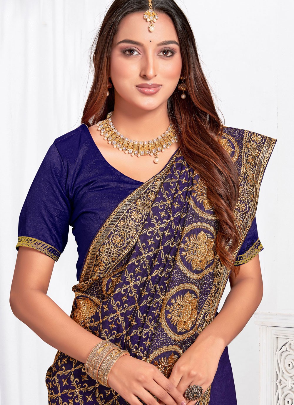 Embroidered, Zari Vichitra Silk Saree - S12102