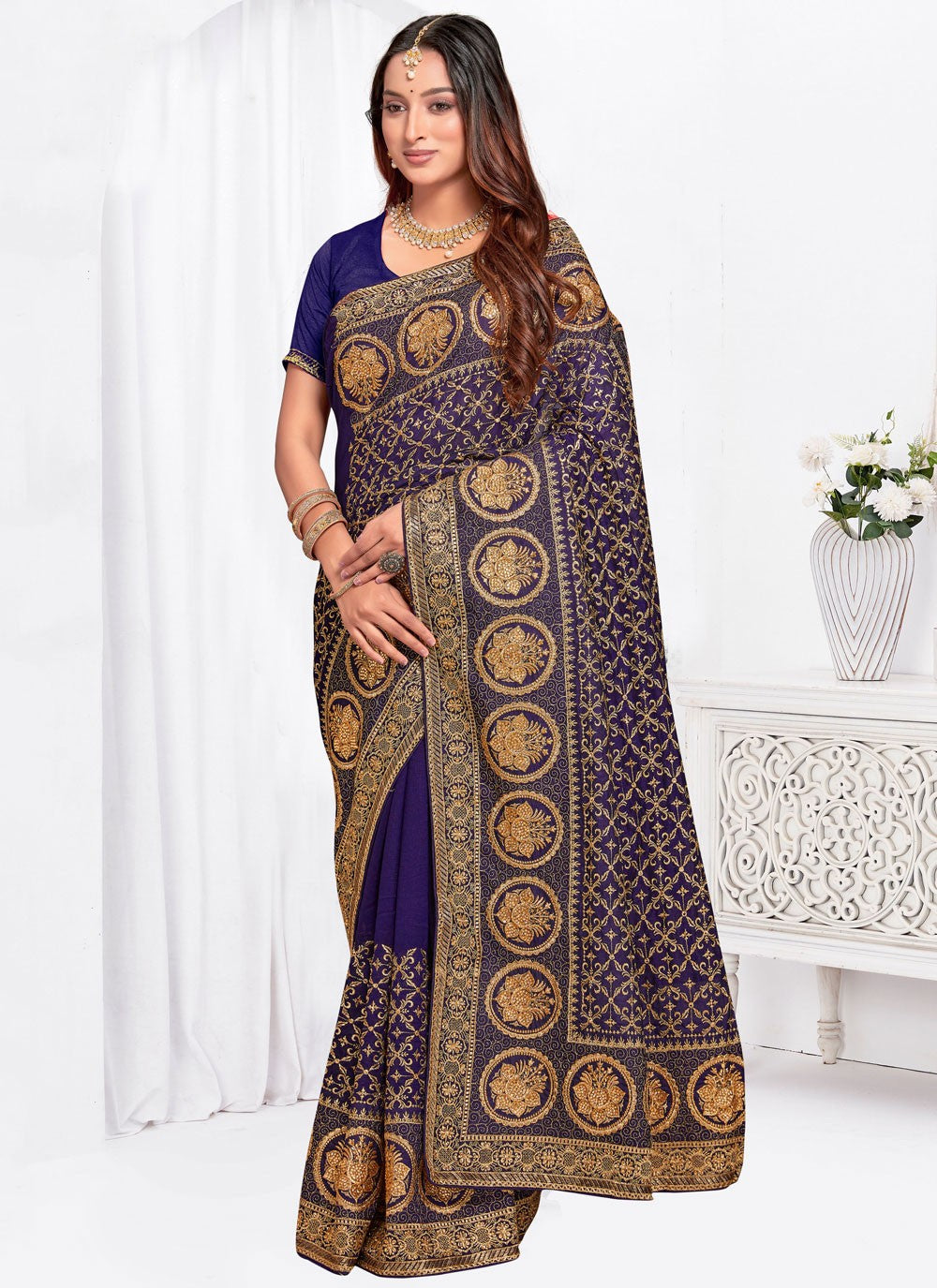 Embroidered, Zari Vichitra Silk Saree - S12102