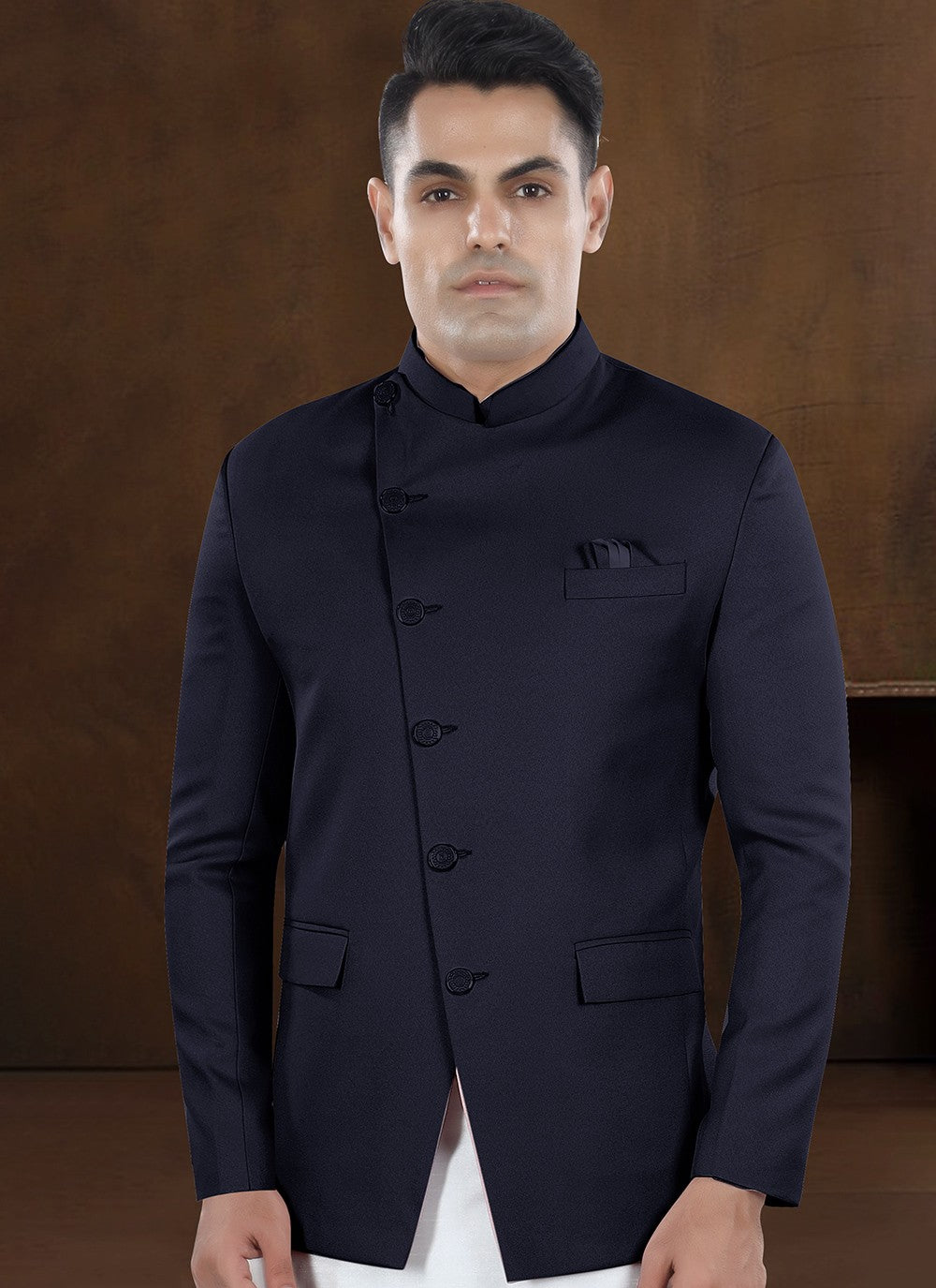 Plain Silk, Viscose Navy Blue Kurta Payjama With Jacket - M8218