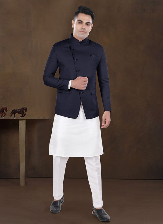 Plain Silk, Viscose Navy Blue Kurta Payjama With Jacket - M8218