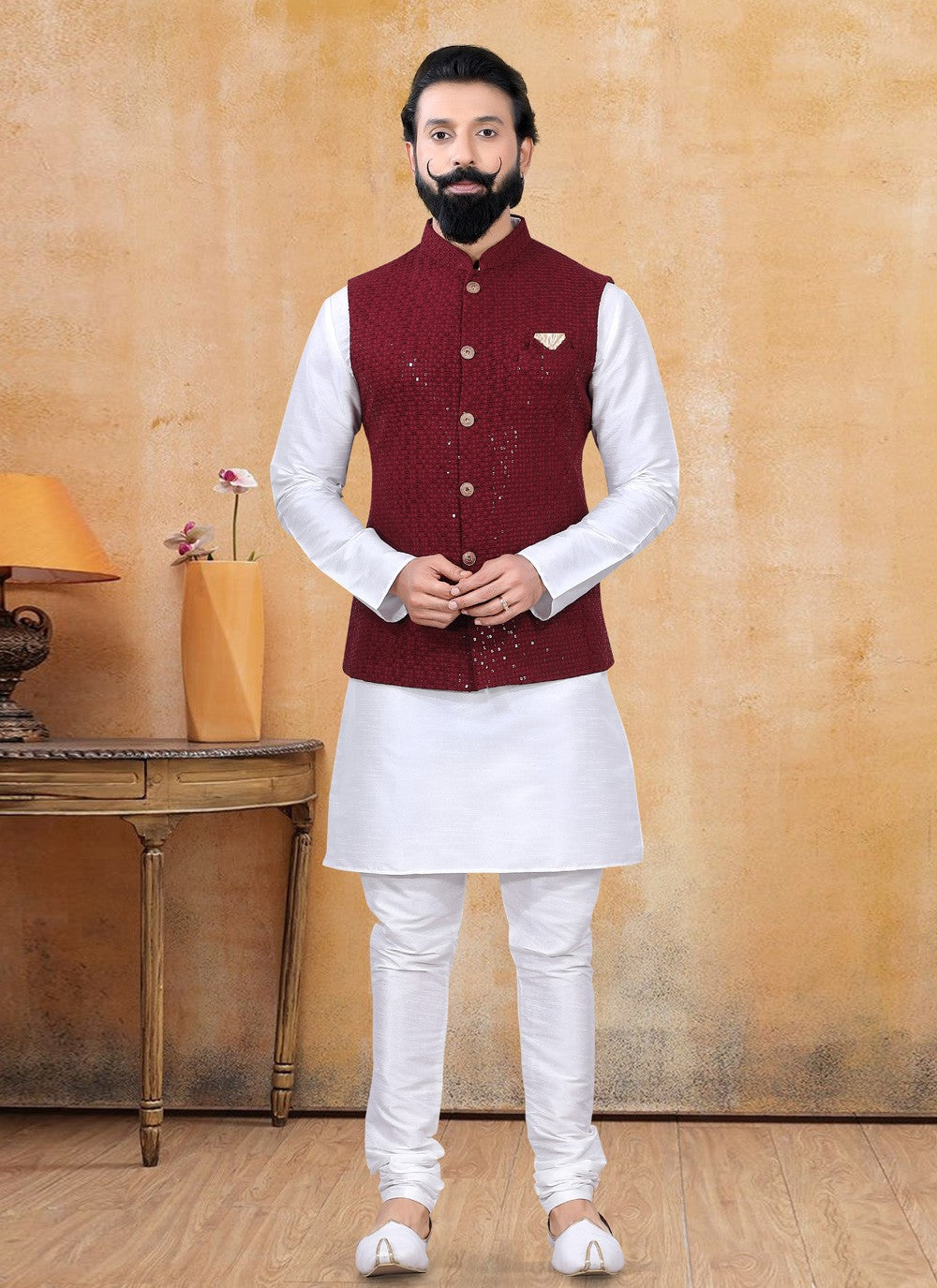 Fancy Work Lucknowi Red Nehru Jackets - M4663