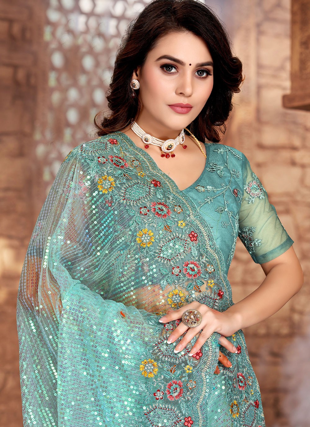 Contemporary Embroidered Net Saree - S2296