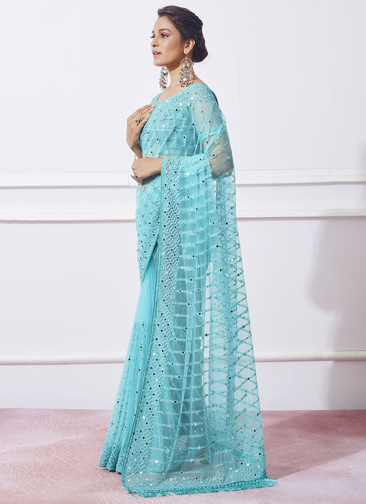 Classic Mirror Net Aqua Blue Saree - S10919