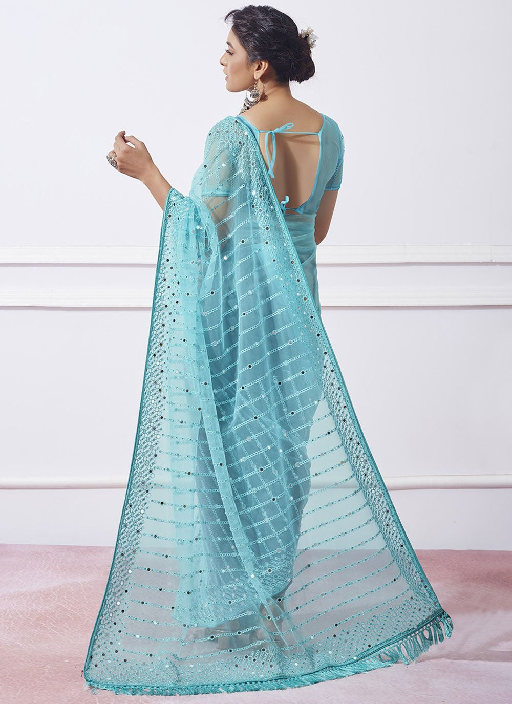 Classic Mirror Net Aqua Blue Saree - S10919