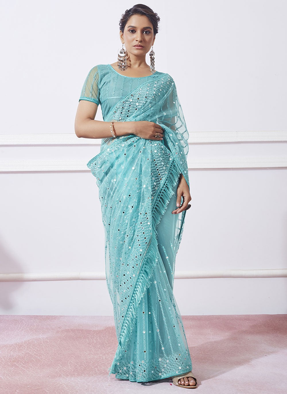 Classic Mirror Net Aqua Blue Saree - S10919