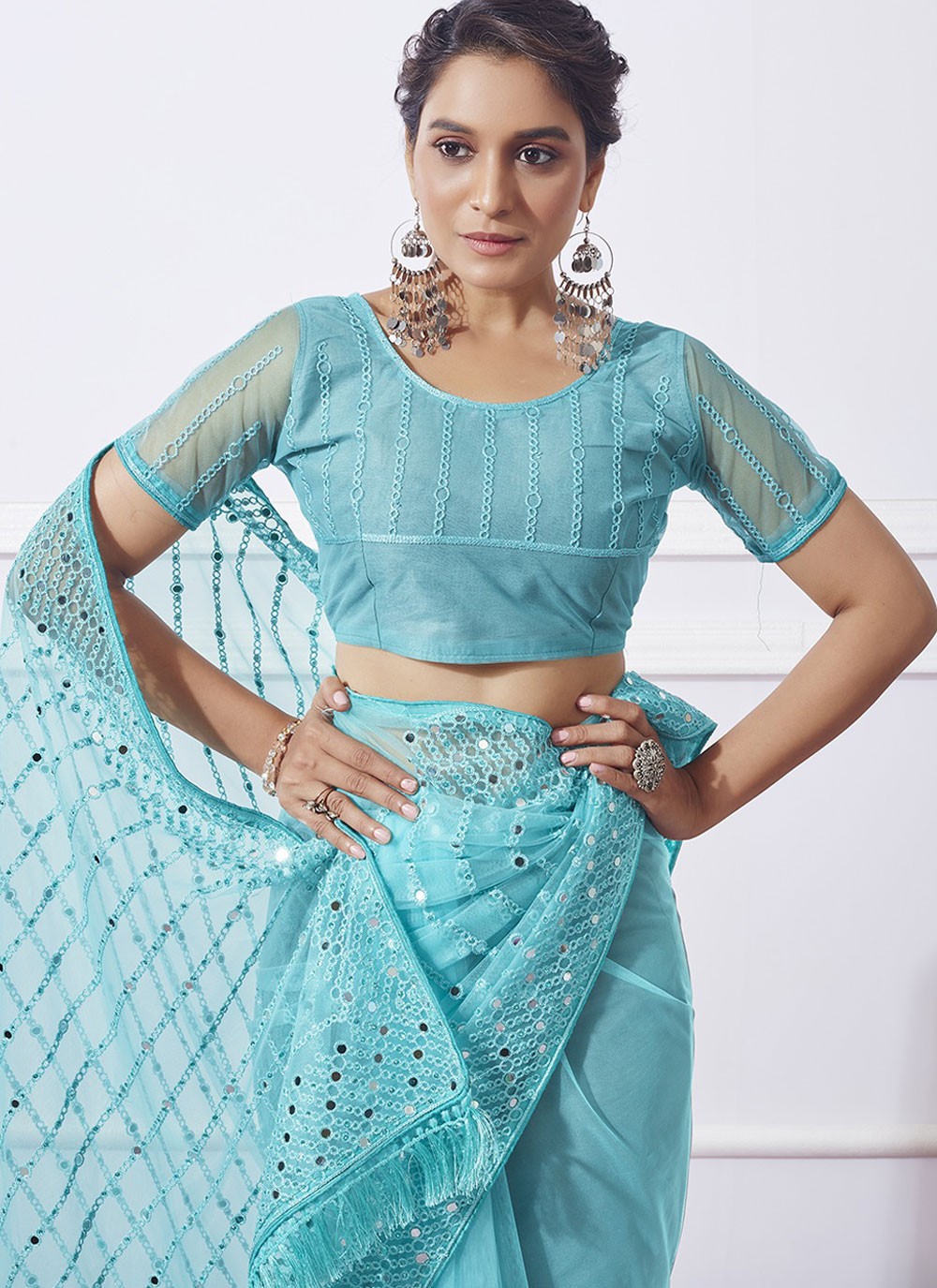 Classic Mirror Net Aqua Blue Saree - S10919