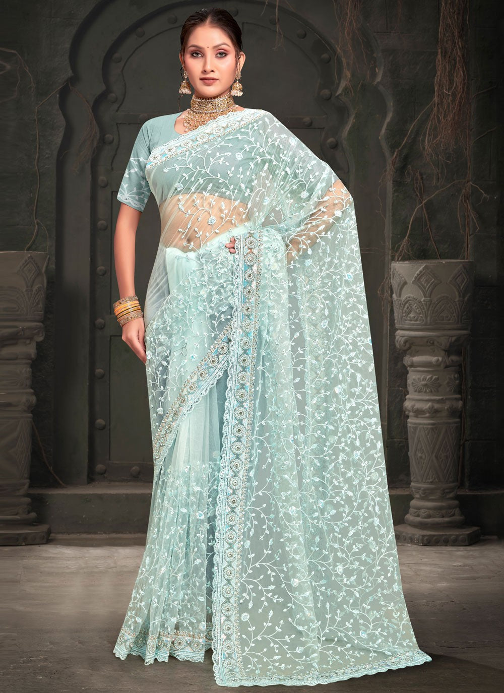 Classic Embroidered Net Saree - S7952