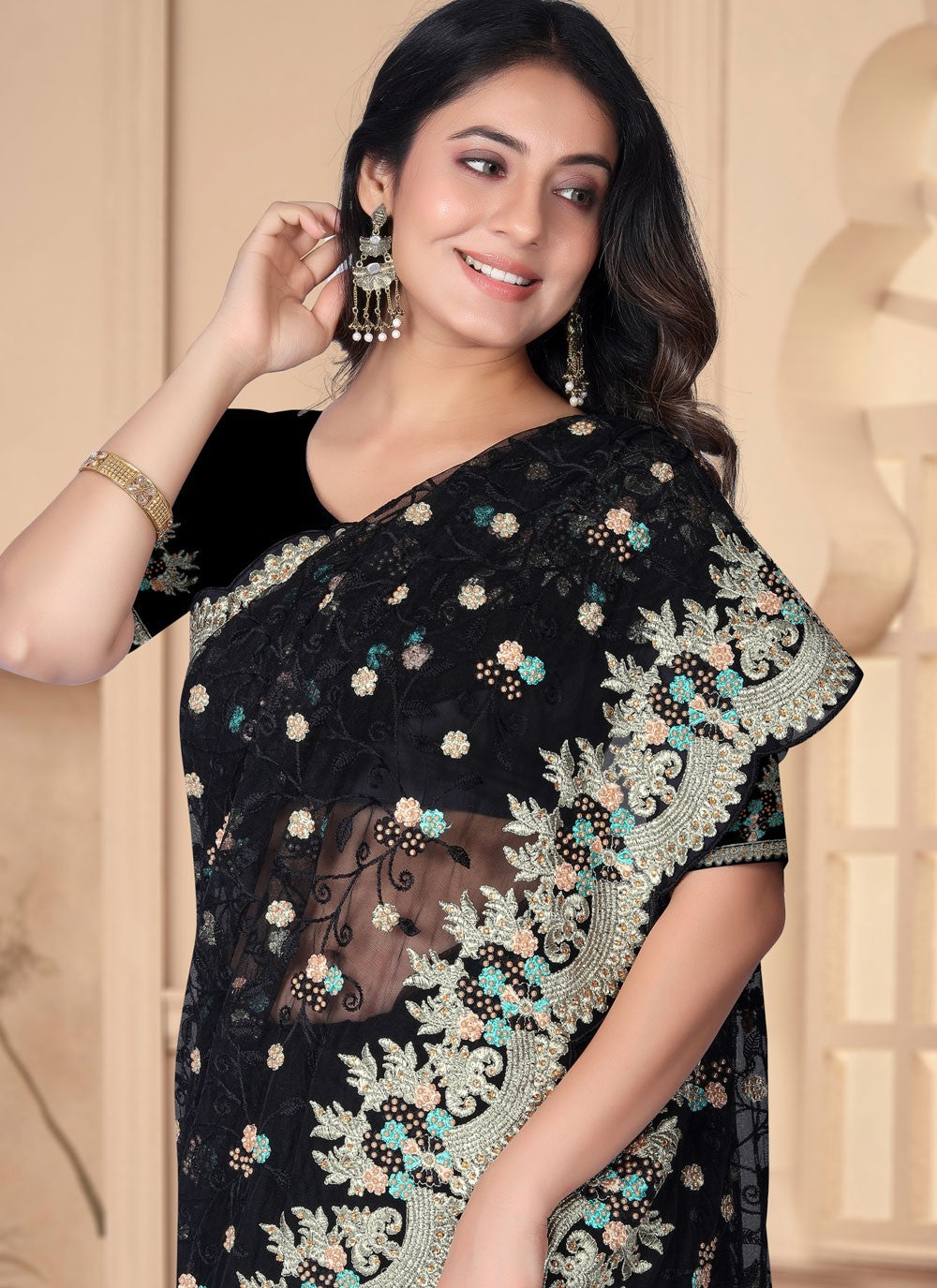 Classic Embroidered Net Saree - S6455