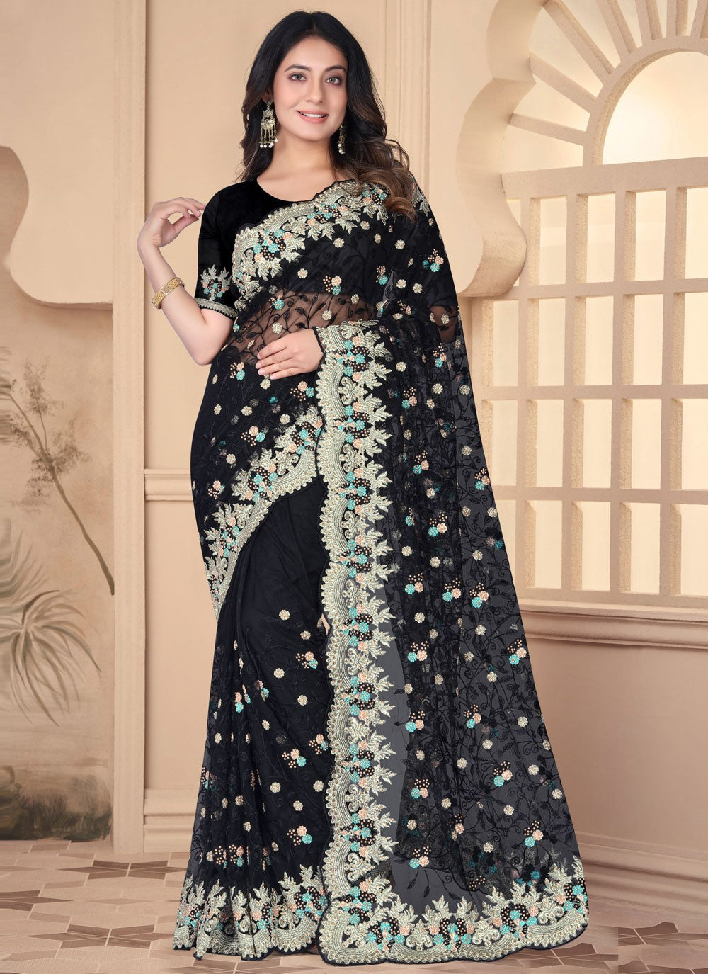 Classic Embroidered Net Saree - S6455