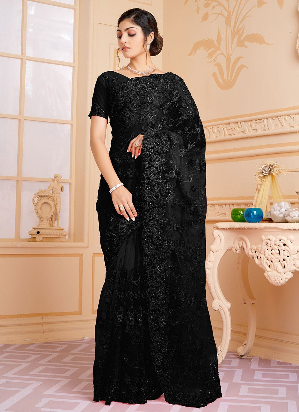 Trendy Embroidered Net Saree - S2081