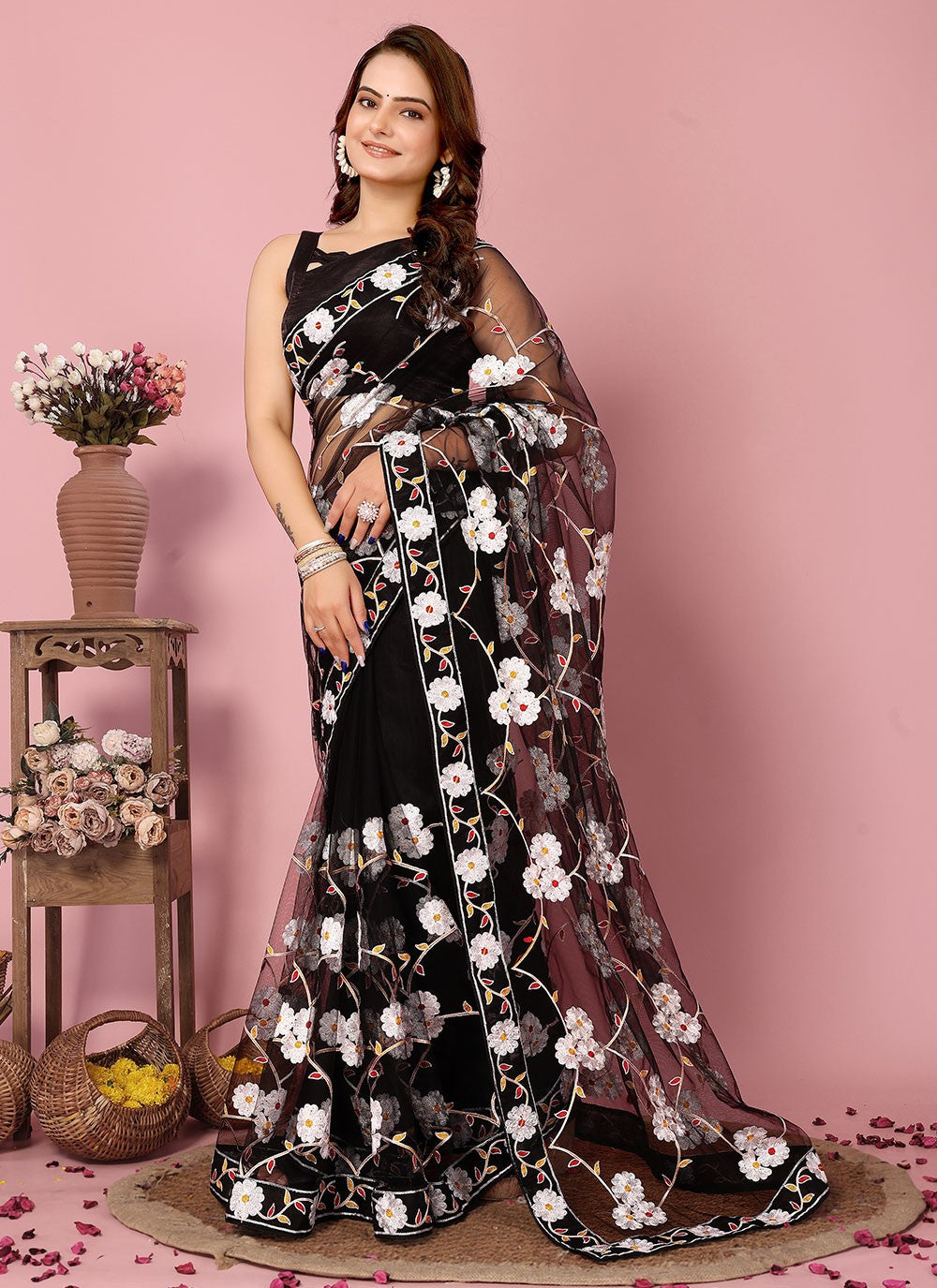 Classic Embroidered Net Saree - S6894