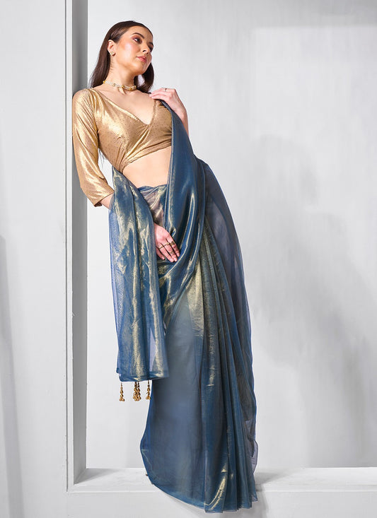 Trendy Moti Net, Tissue Blue Saree - S10872