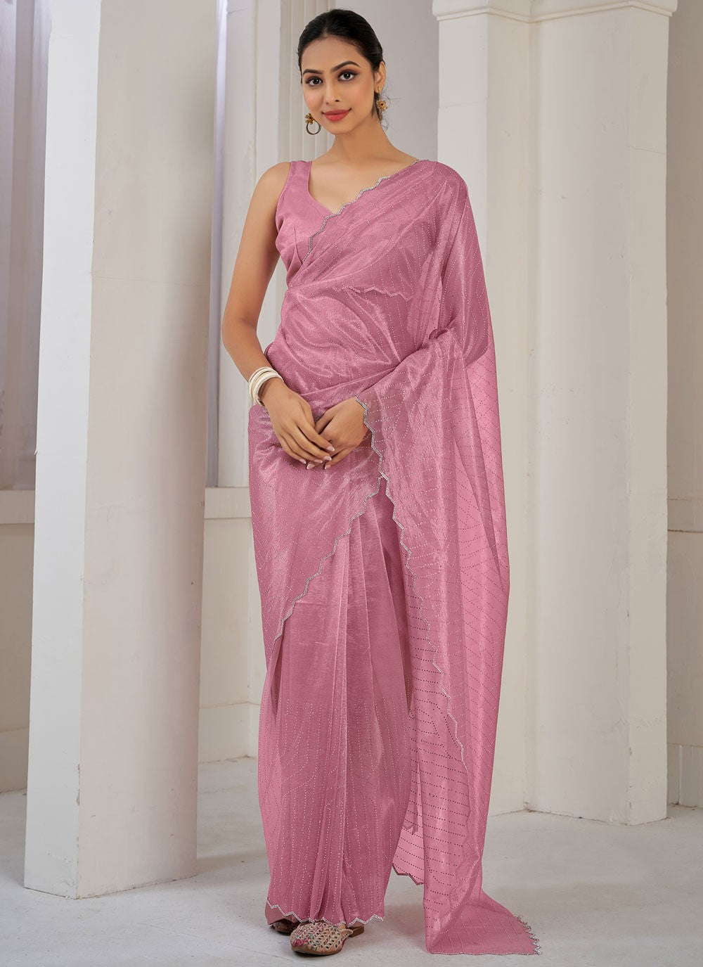 Contemporary Cutdana Net, Organza Magenta, Pink Saree - S10669