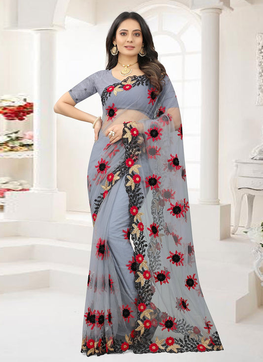 Contemporary Embroidered Net Saree - S1604