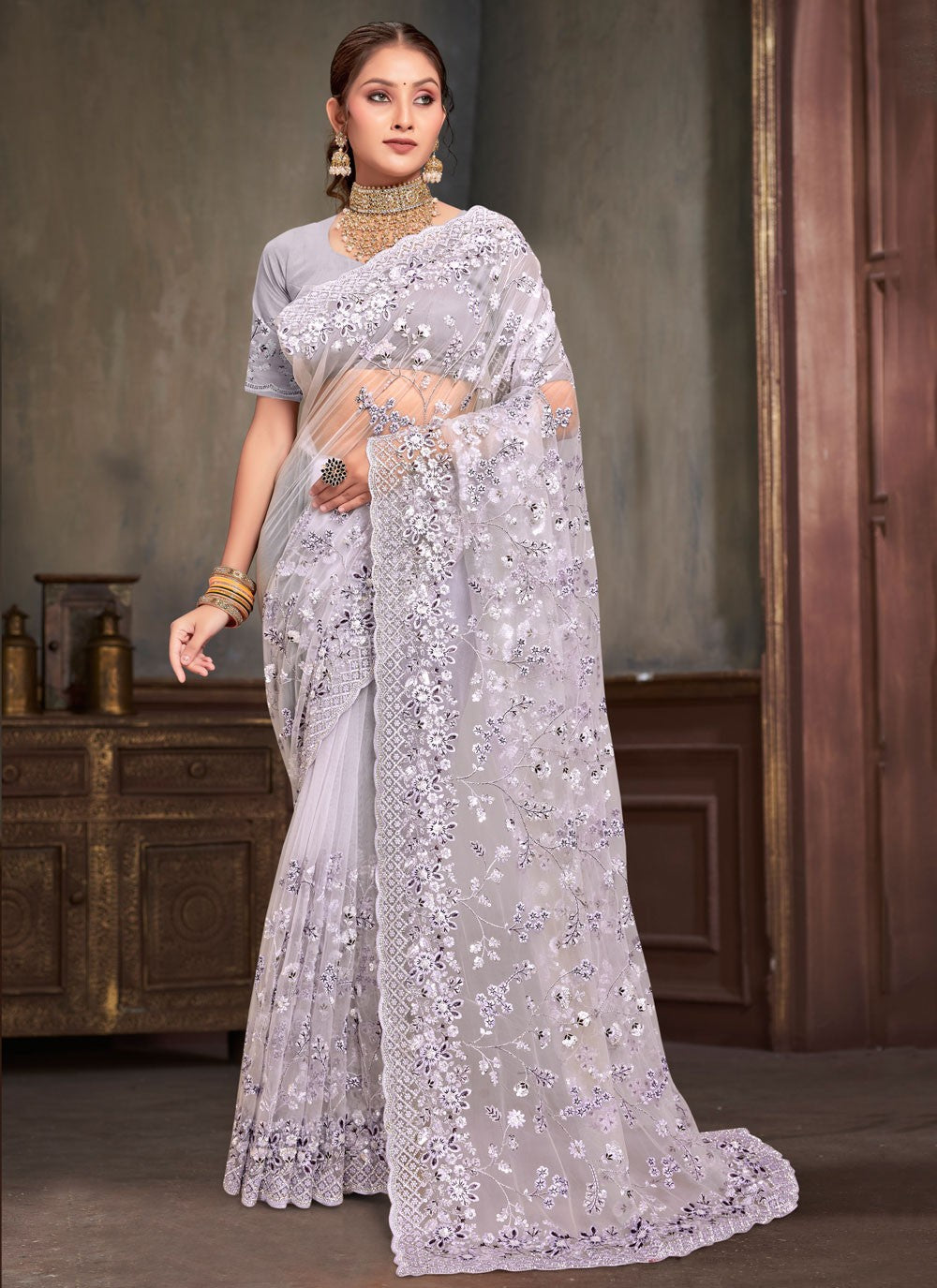 Classic Embroidered Net Saree - S7952