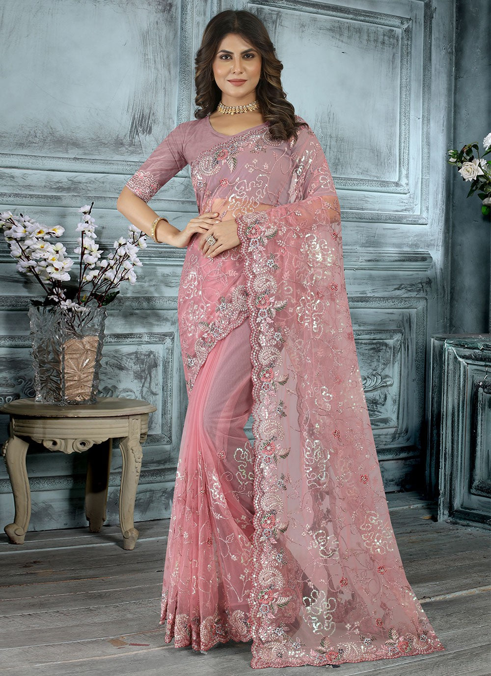 Saree Embroidered Net Saree - S3017