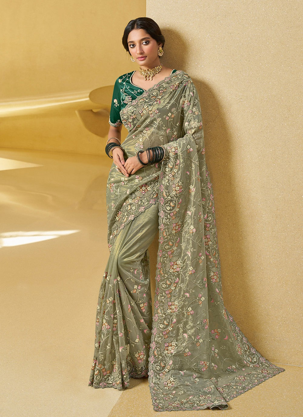 Contemporary Embroidered Georgette, Silk Saree - S4496