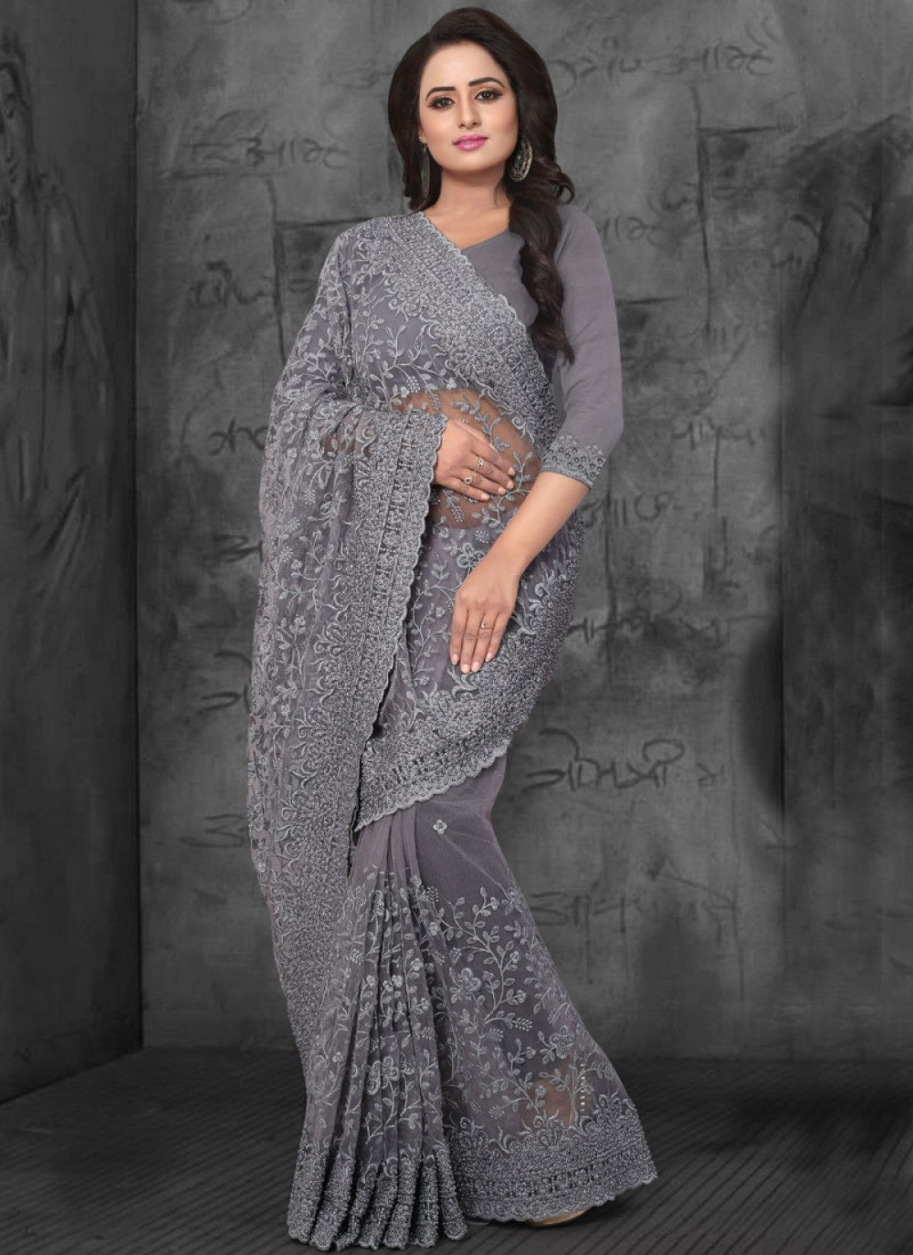 Classic Embroidered Net Saree - S0078