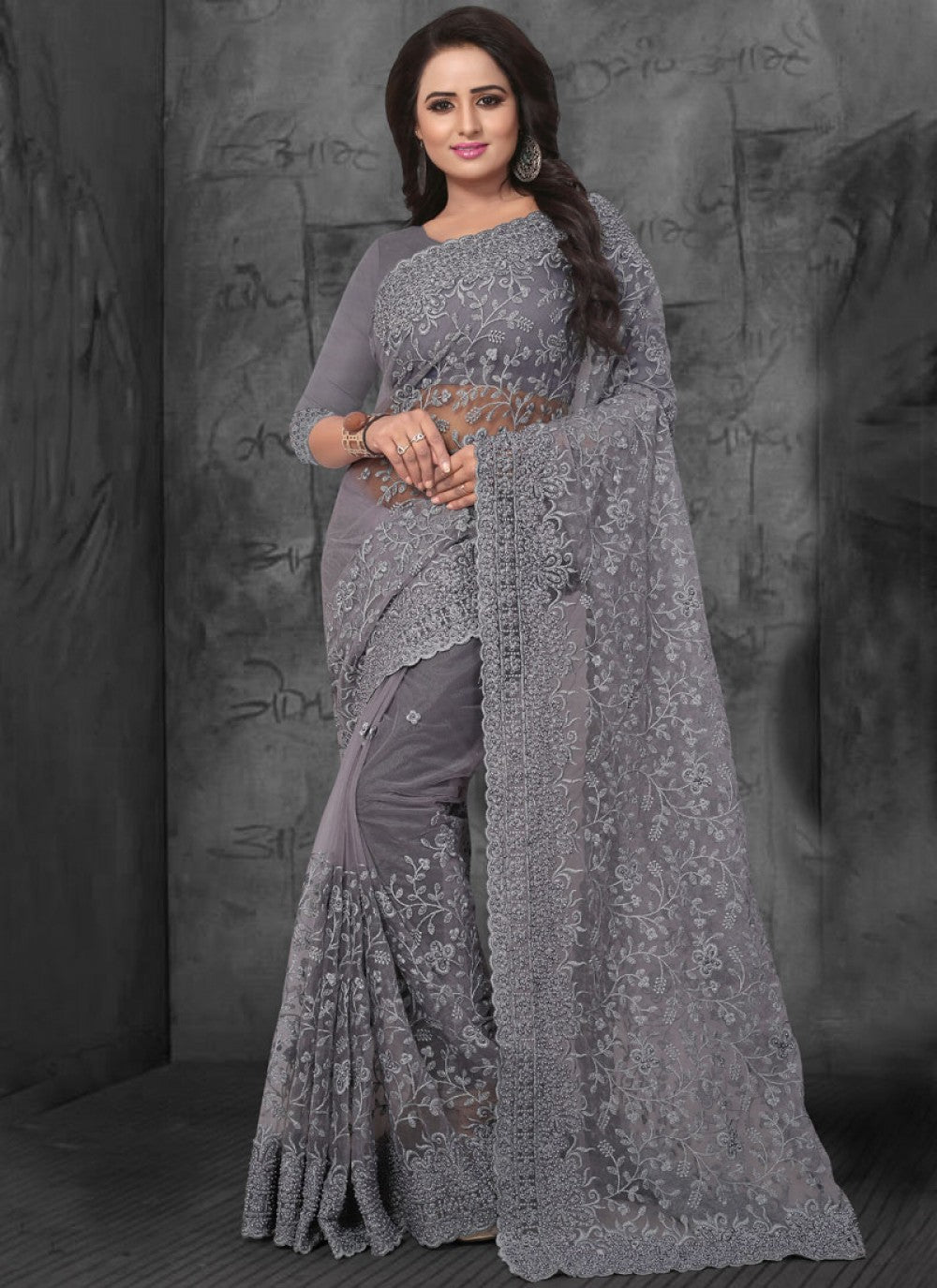 Classic Embroidered Net Saree - S0078