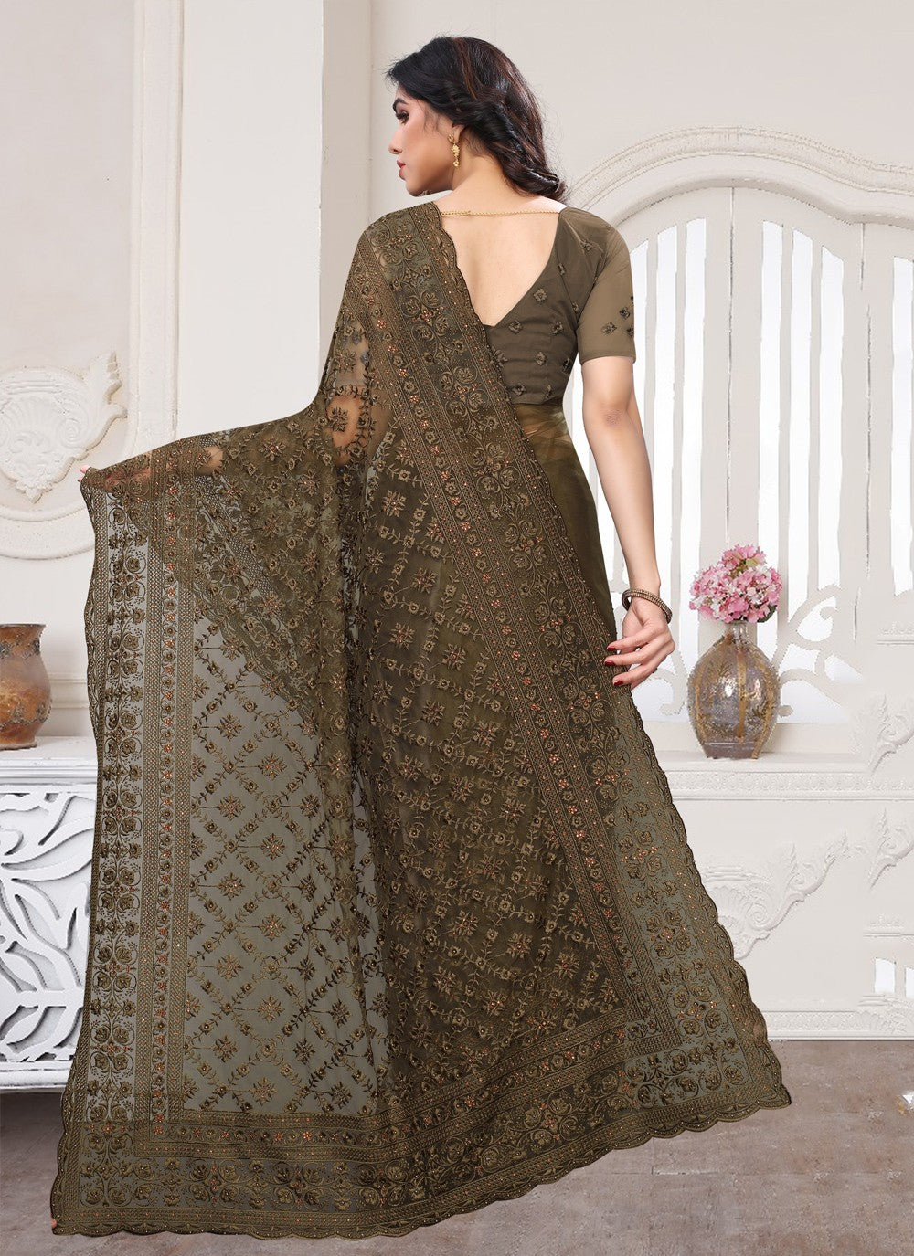 Designer Embroidered Net Saree - S0325