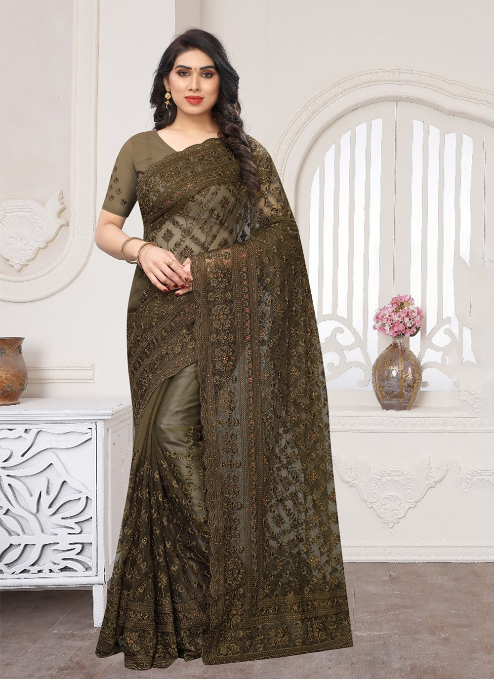 Designer Embroidered Net Saree - S0325