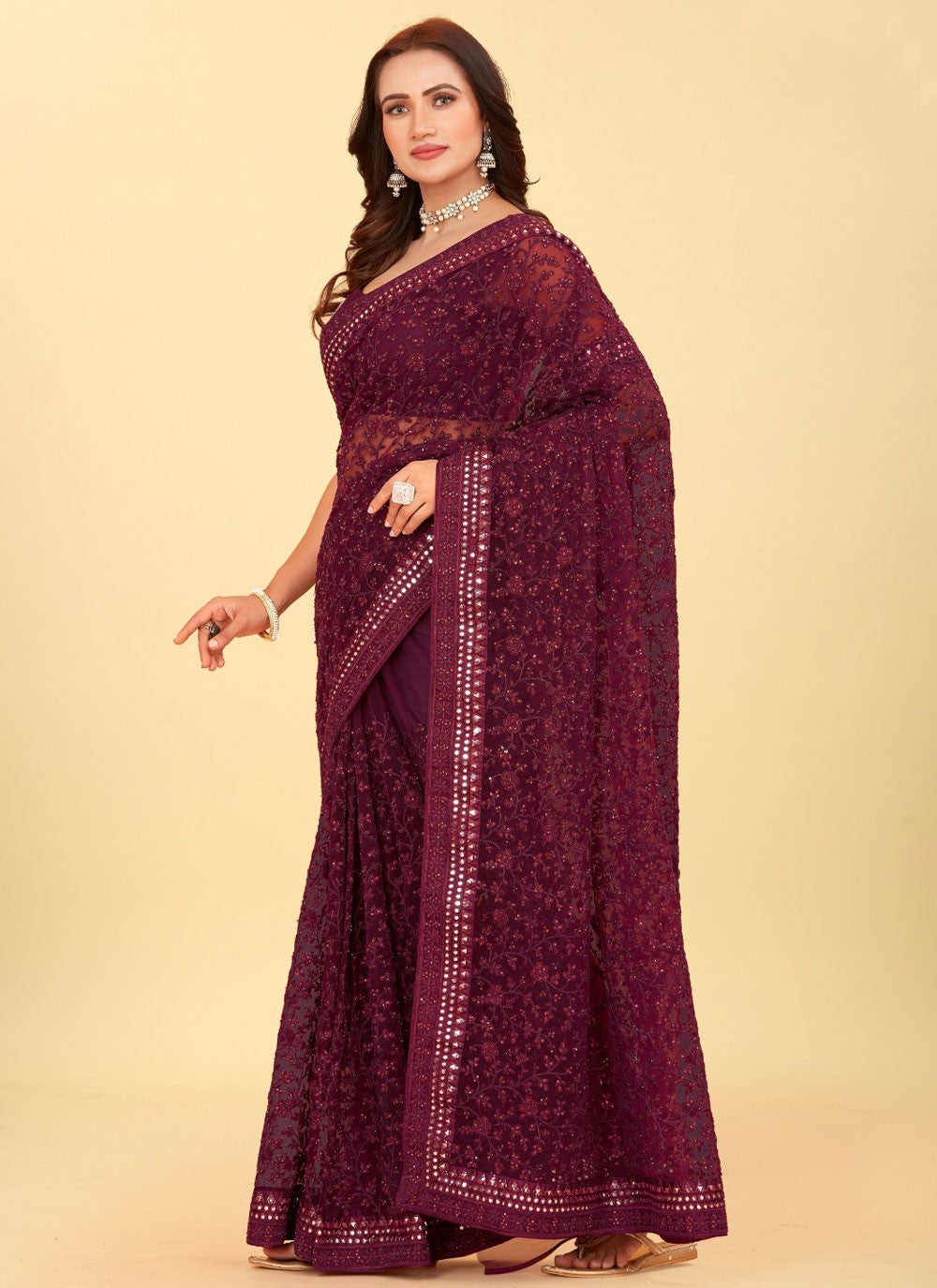 Dimond, Embroidered, Mirror, Stones, Thread Net Saree - S12197