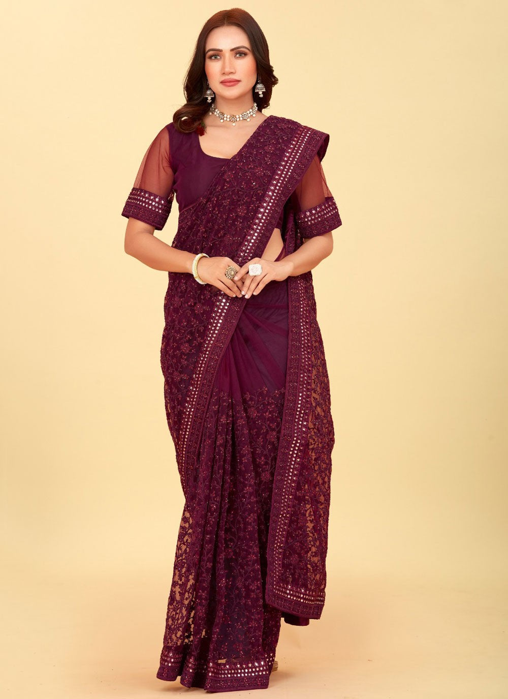 Dimond, Embroidered, Mirror, Stones, Thread Net Saree - S12197