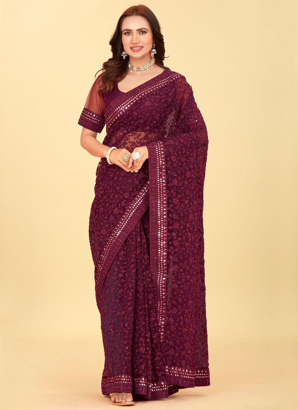 Dimond, Embroidered, Mirror, Stones, Thread Net Saree - S12197