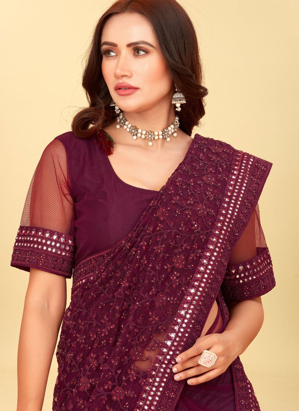 Dimond, Embroidered, Mirror, Stones, Thread Net Saree - S12197