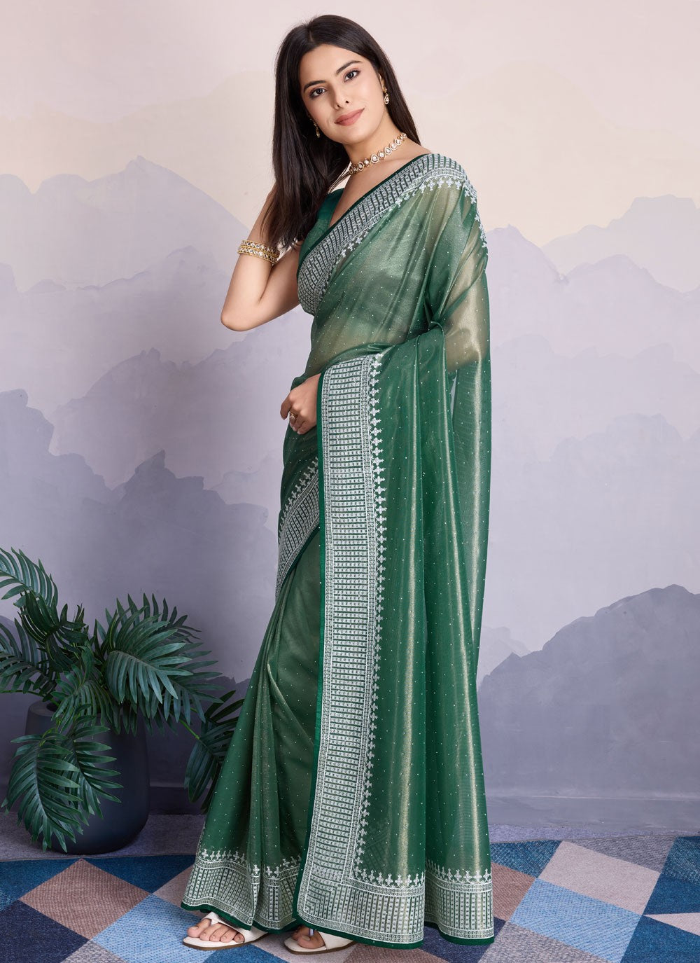 Classic Border Work Net Saree - S8339