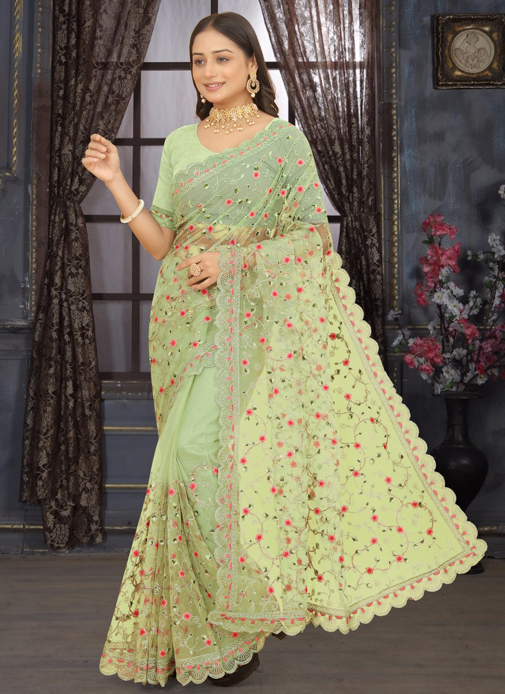 Classic Embroidered Net Saree - S3796