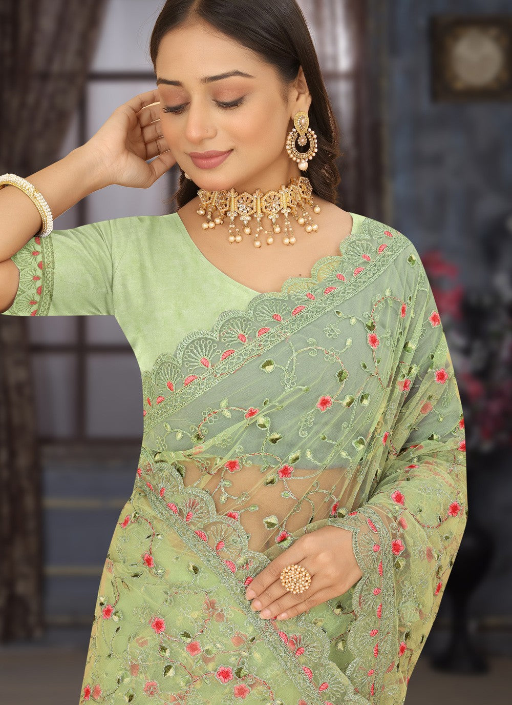 Classic Embroidered Net Saree - S3796