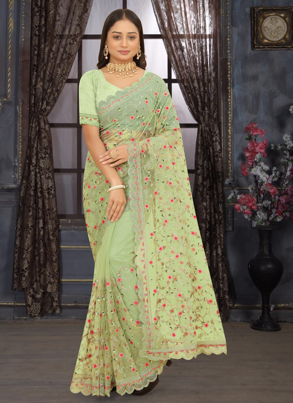 Classic Embroidered Net Saree - S3796