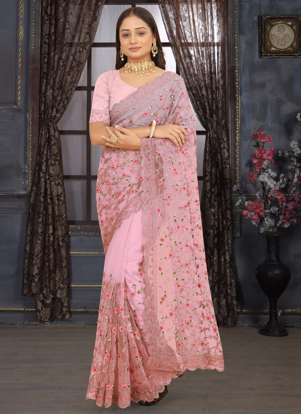 Classic Embroidered Net Saree - S3796