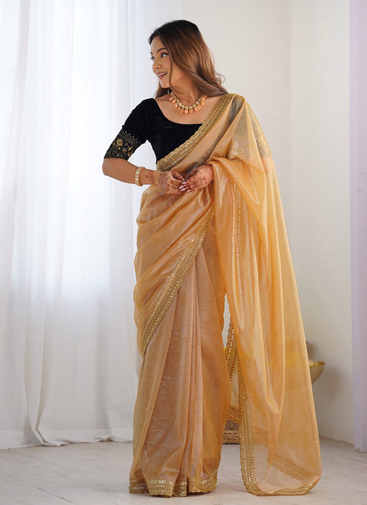 Contemporary Embroidered Net Beige Saree - S10646