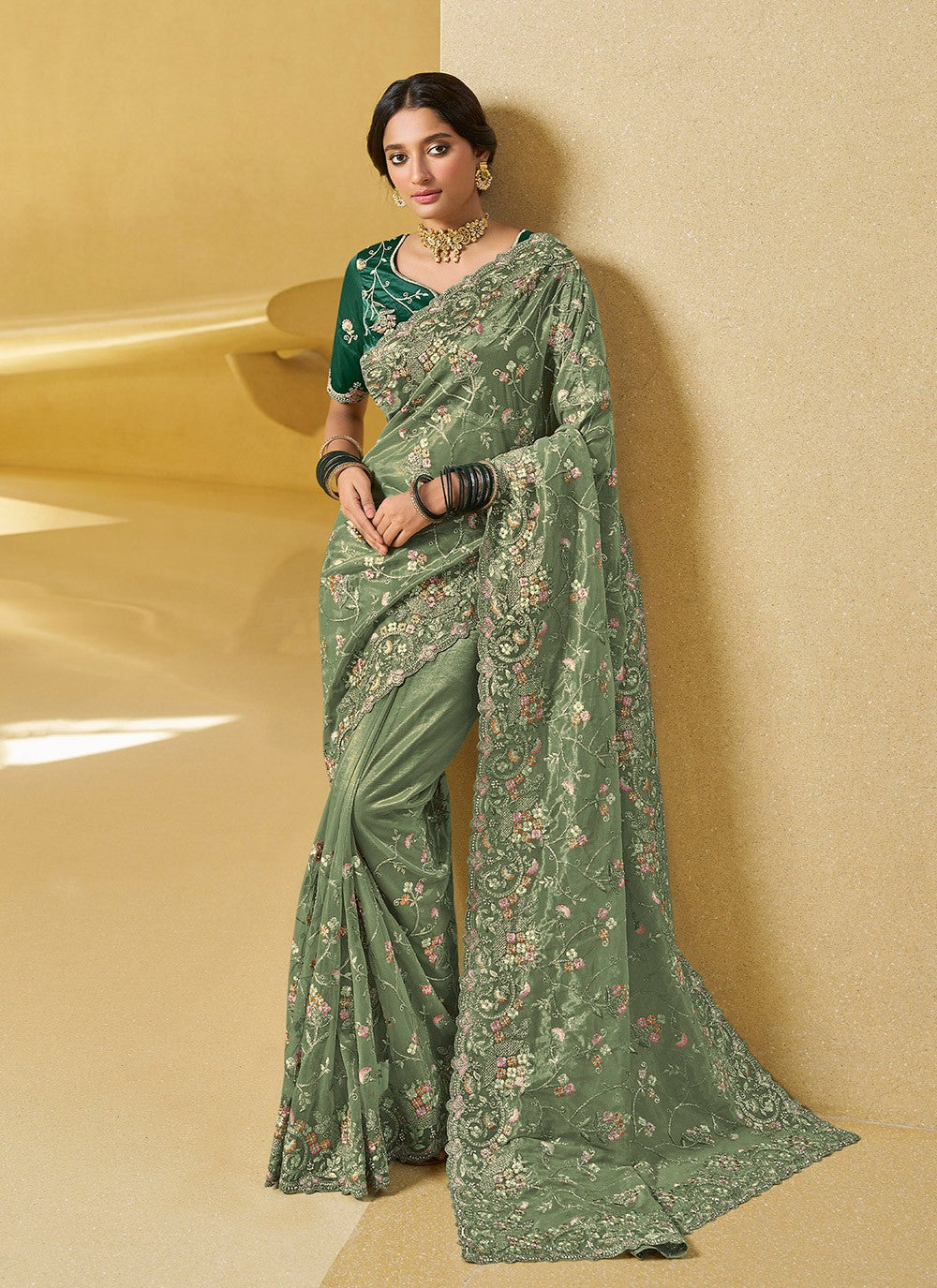 Contemporary Embroidered Georgette, Silk Saree - S4496