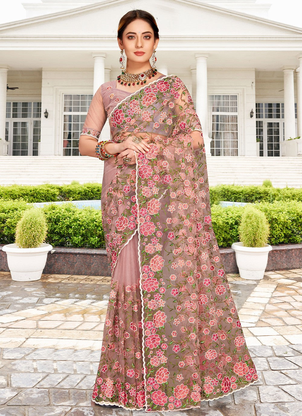 Contemporary Embroidered Net Saree - S2411