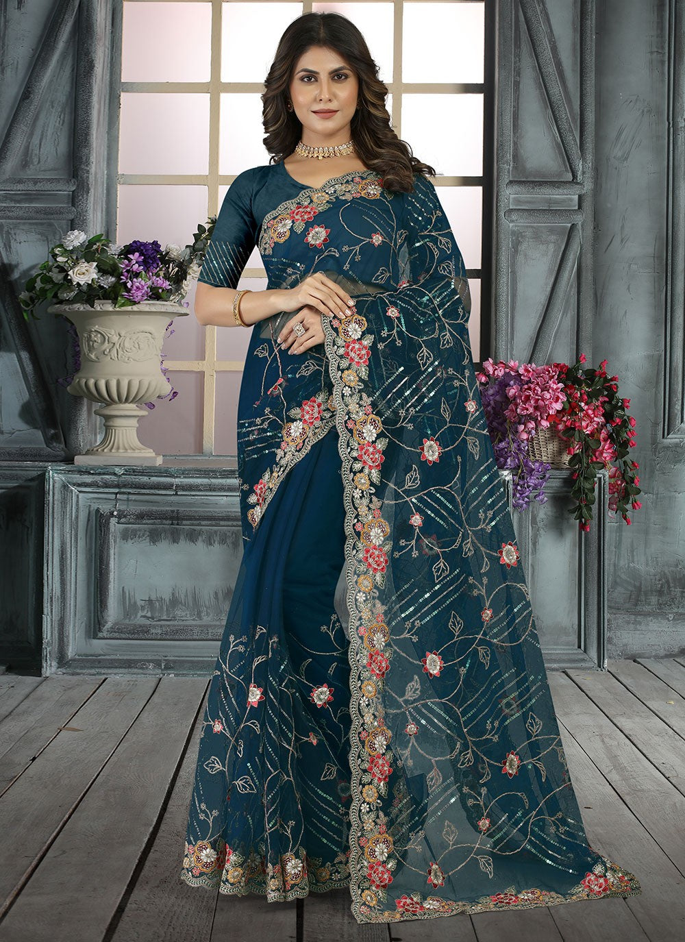 Saree Embroidered Net Saree - S3017