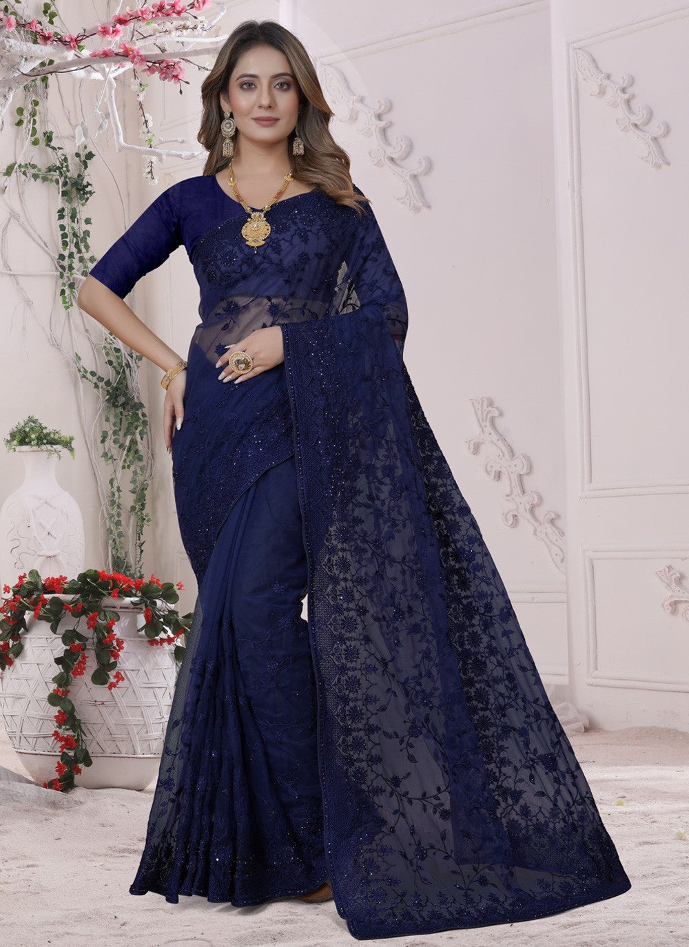 Trendy Embroidered Net Saree - S3529