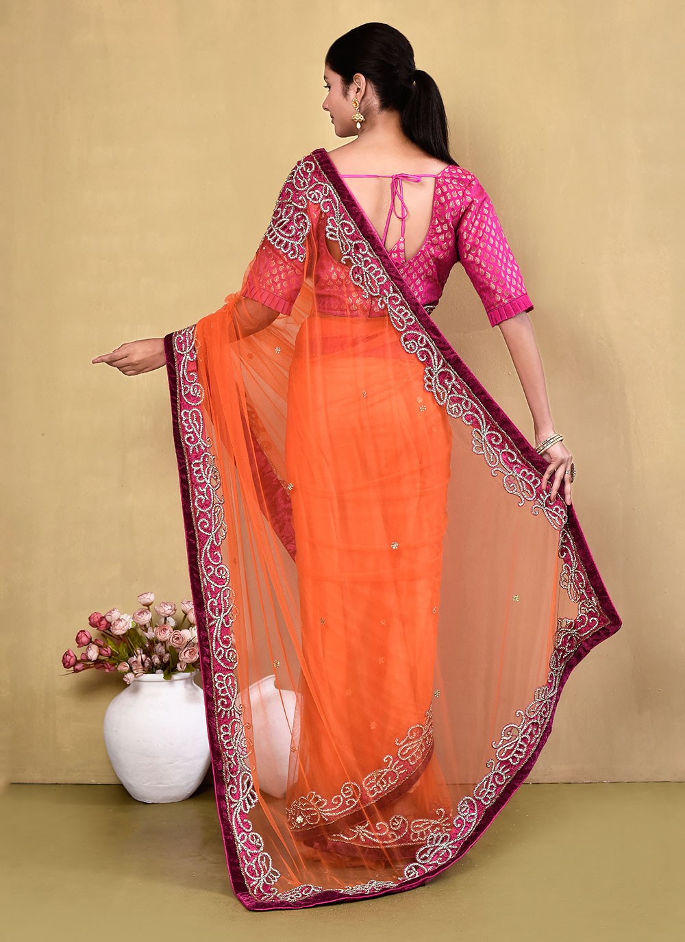 Contemporary Hand Embroidery Georgette Saree - S5499