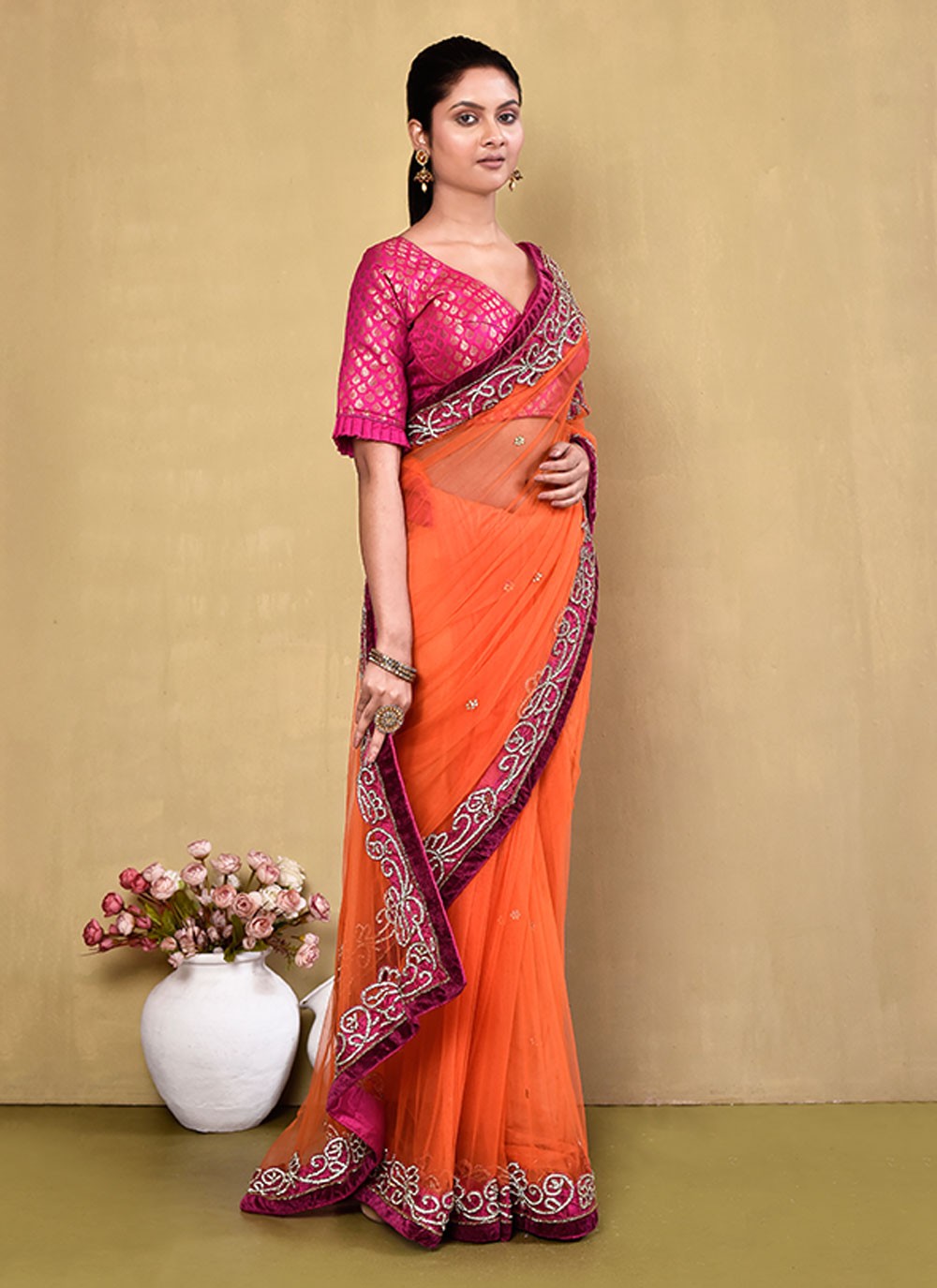 Contemporary Hand Embroidery Georgette Saree - S5499